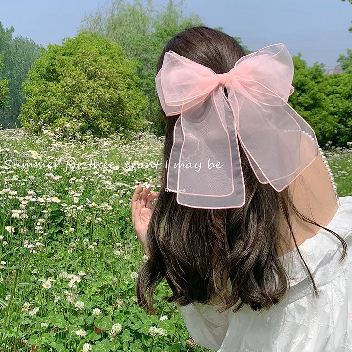 Duża czarno-biała siateczkowa spinka do włosów ozdoba głowy - Wzór wróżkowej wstążki