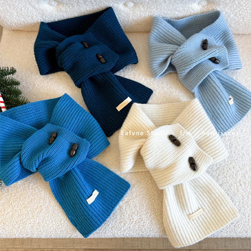 Pure Wool Horn Button Scarf Solid Color Small Scarf Cross Ladies Lazy Warm Autumn and Winter Collar