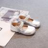 Girls Metallic Silver Pearl Bow Magic Strap Round Toe Mary Jane Leather Shoes