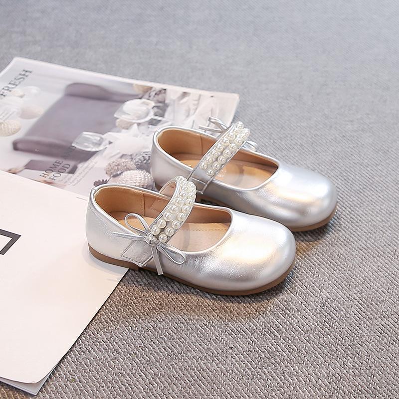 

Girls Metallic Silver Pearl Bow Magic Strap Round Toe Mary Jane Leather Shoes 24 срібний
