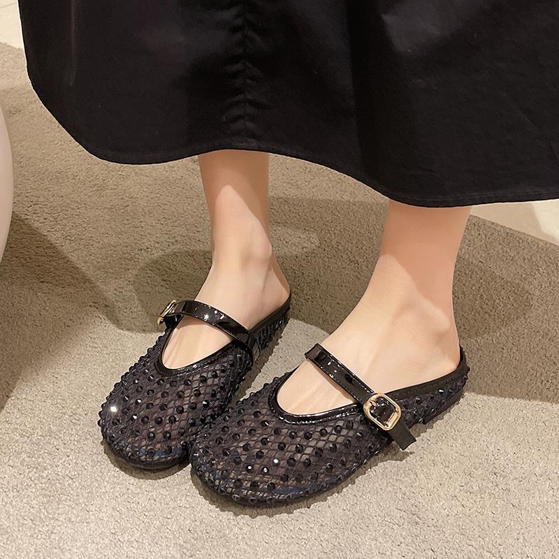 Fashion Women's Fashion Baotou Slippers Spring New Round Head Rhinestone Mesh Cloth Soft Sole Anti-slip Wear-resistant Slippers