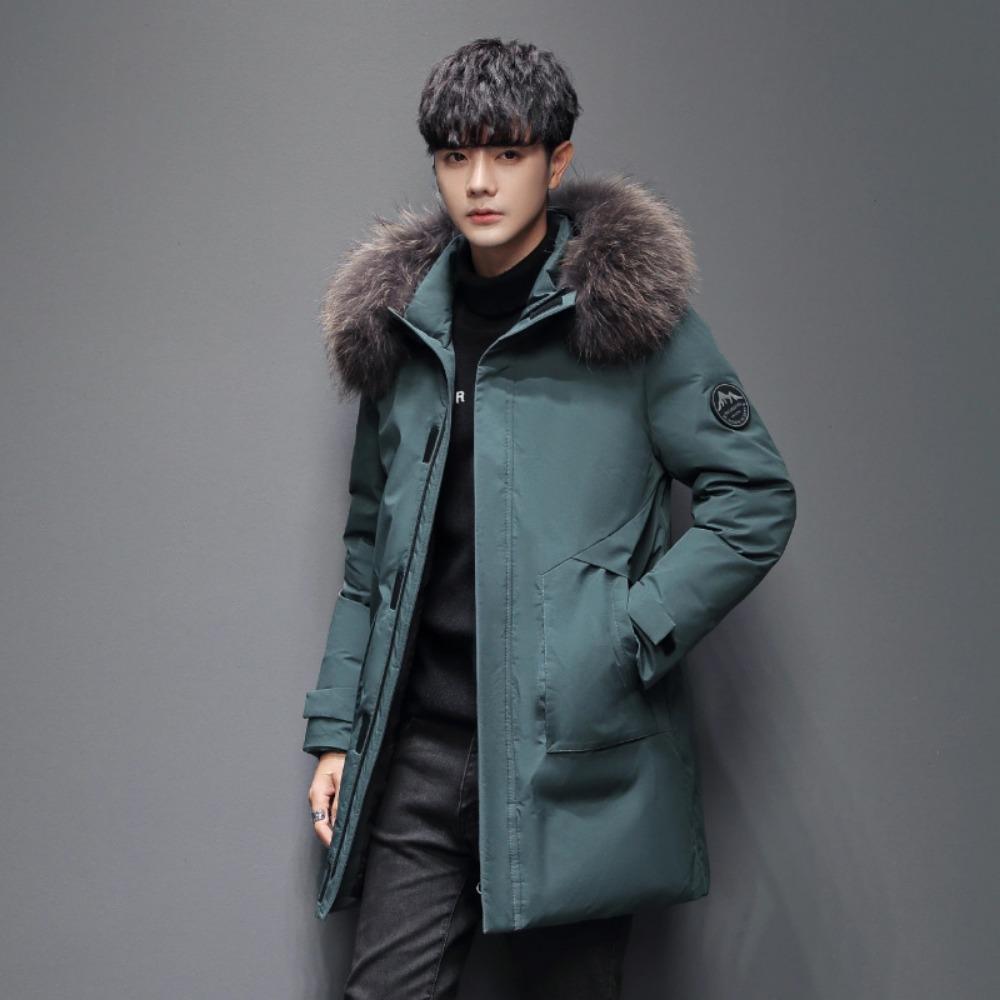 Down Jacket Medium and Long Men's Korean Version New Two Open White Duck Down Big Fur Collar Youth Popular Fashion Hooded Jacket