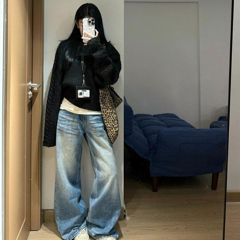 High Street Washed Ripple Denim Kalhoty s širokými nohavicemi Dámské Zavinovací S vysokým pasem Volné Tenké Rovné Vlečné kalhoty Džíny pro ženy Dlouhé džínové kalhoty