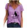 Fashion Spring  Black Cat Print Blouses Short Sleeved V-Neck T Shirts Casual