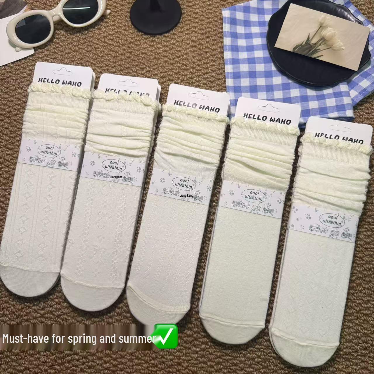 Women s Summer Japanese-Style White Lace Ruffled Socks, Mid-Calf, Breathable Thin Mesh. One size