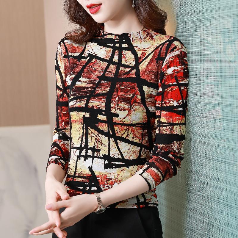 Spring and Autumn New Mesh Top Turtleneck Bottom Shirt Women's Thin Large Size Yarn Slim Versatile Long Sleeve T-Shirt