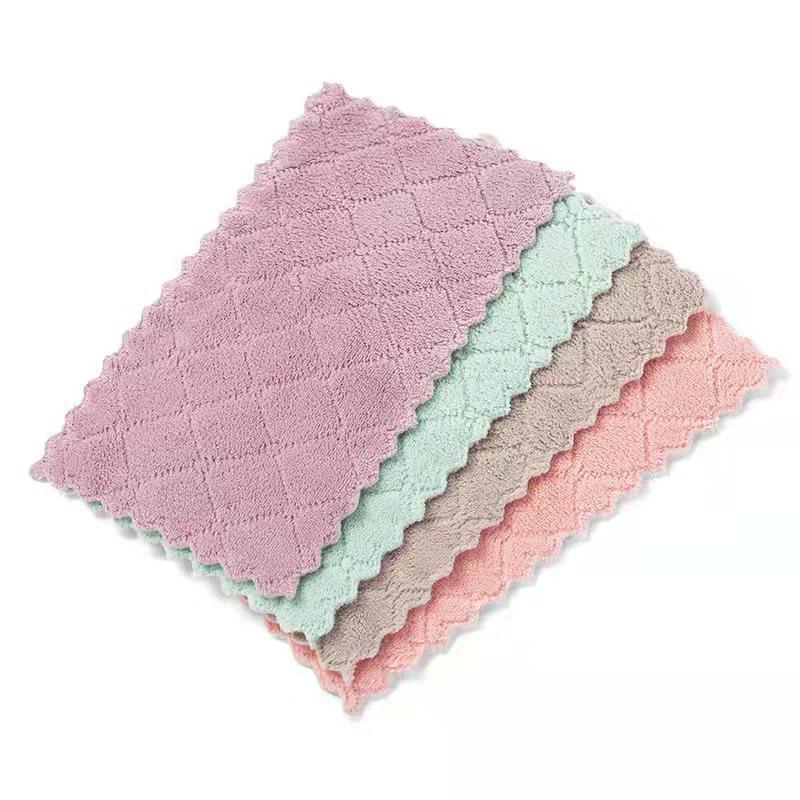 Coral Fleece Double-Sided Absorbent Kitchen Cloth - Thick, Two-Tone, Stain-Removing, Non-Shedding Dish Towel