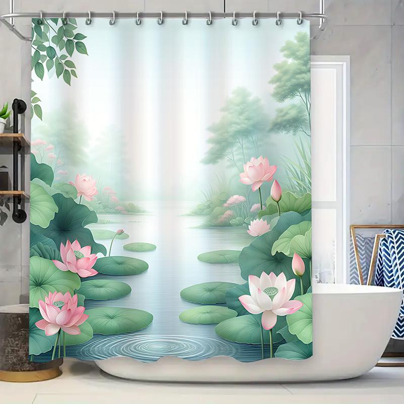 

Beautiful Lotus Pattern Waterproof Shower Curtain Home Decor With Hanging Rings Ideal For Bathtub Enhancing Bathroom Aesthetic W60H190(CM)-1 Pcs
