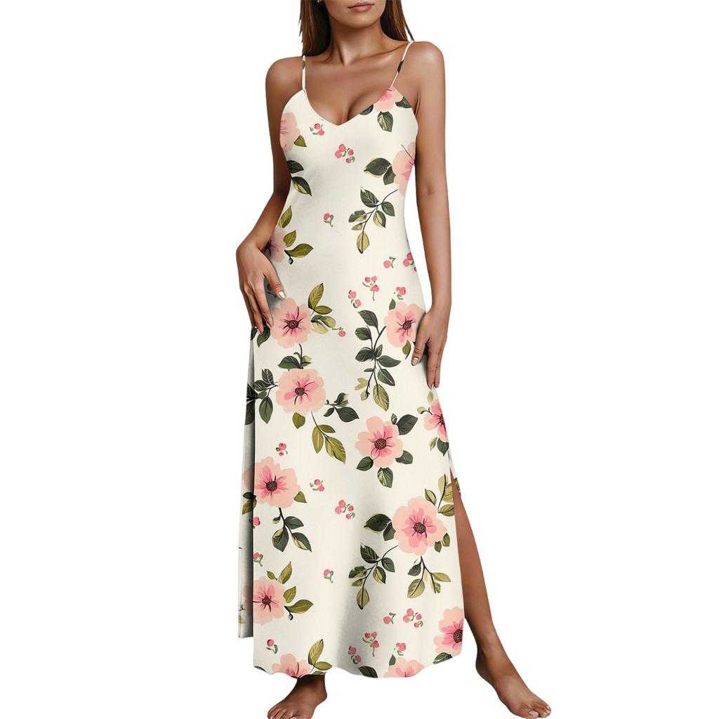 Ladies' floral nightgown sexy suspender nightgown slit sexy thin home outfit