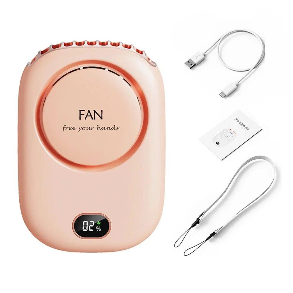 

Портативный подвесной вентилятор на шею, 3-скоростной регулируемый USB-аккумуляторный вентилятор Носимый персональный вентилятор со светодиодным экраном, немой маленький вентилятор охлаждения розовый