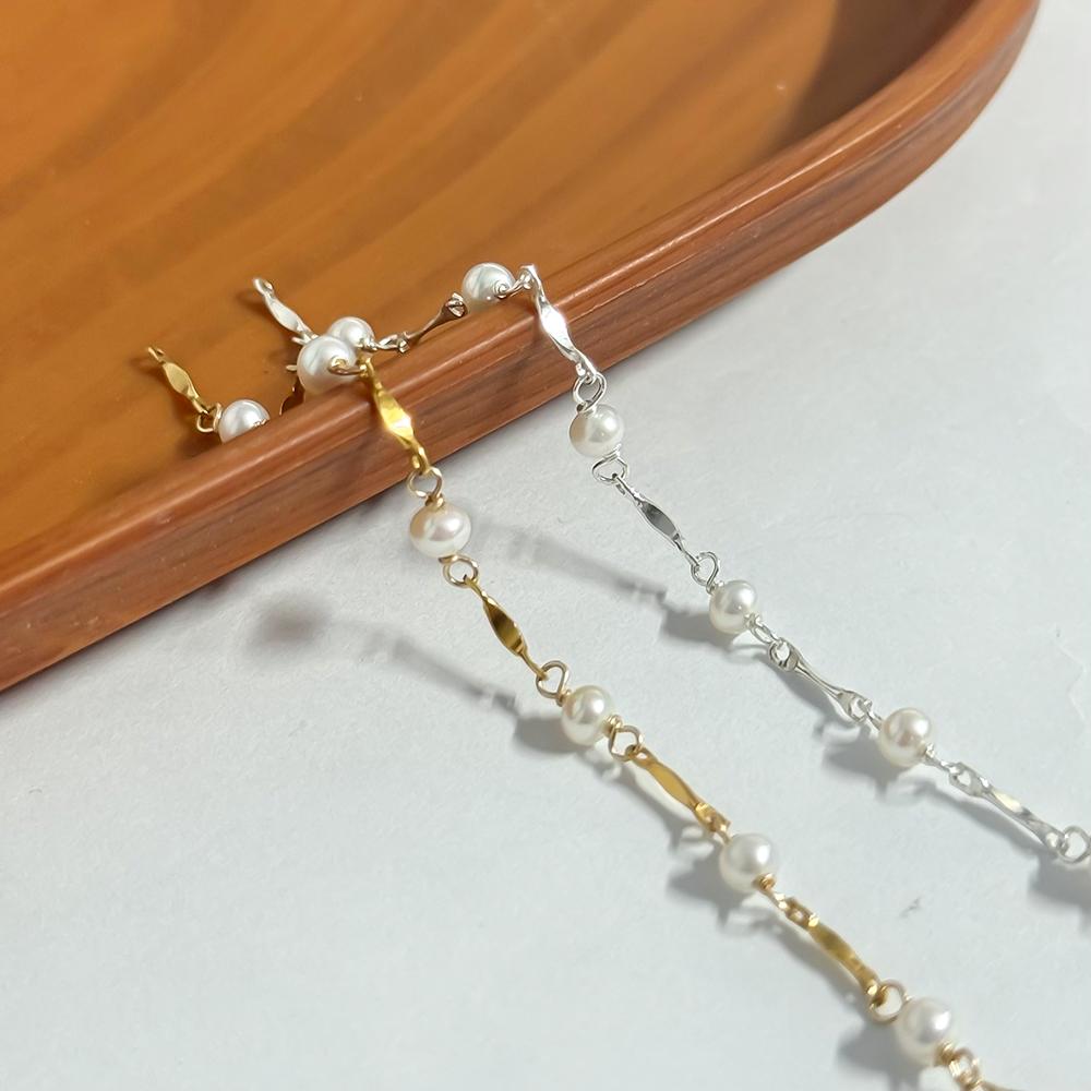 Vintage 3-3.5mm Fresh Water Pearls 14K Gold Filled Dapped Bar Chain Permanent Handmade Bracelet Jewelry Making Findings