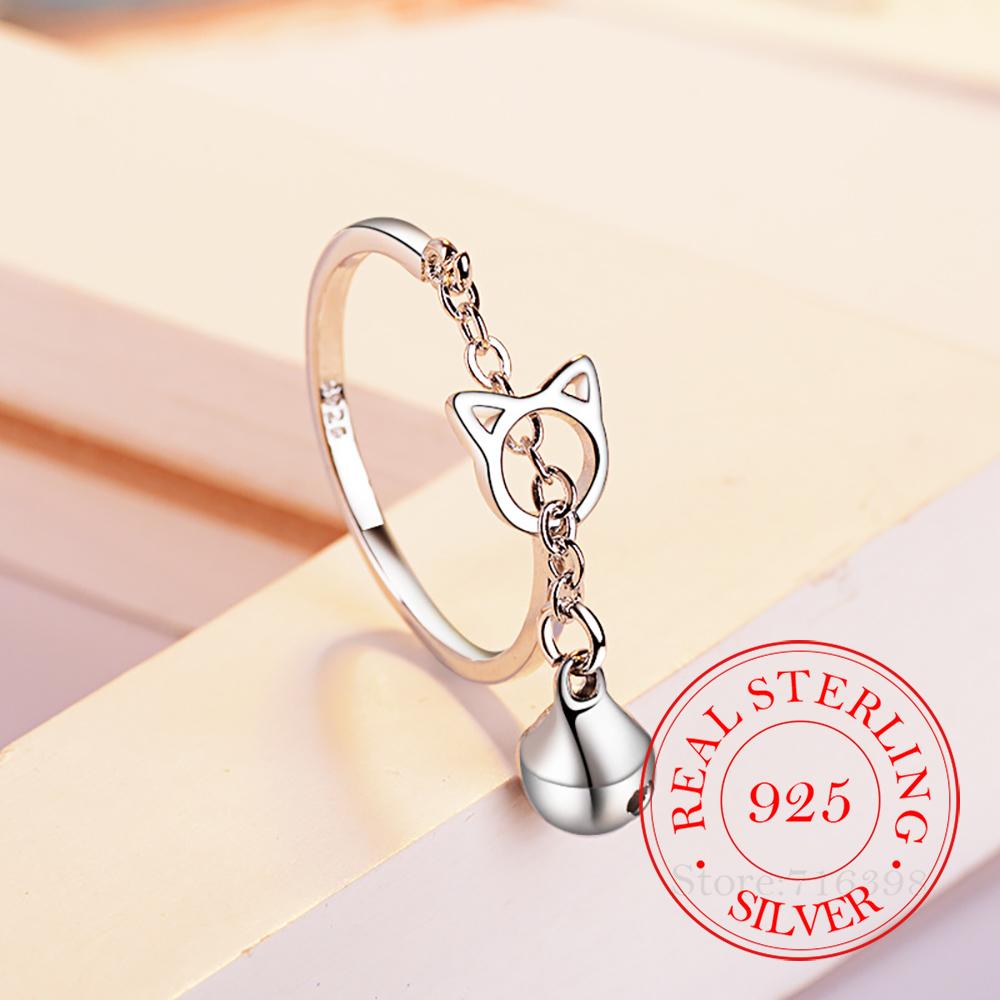 

925 Sterling Silver Hollowed-out Cat Tassel Bells Finger Ring for Women Fashion Wedding Engagement Party Gift Charm Jewelry One Size