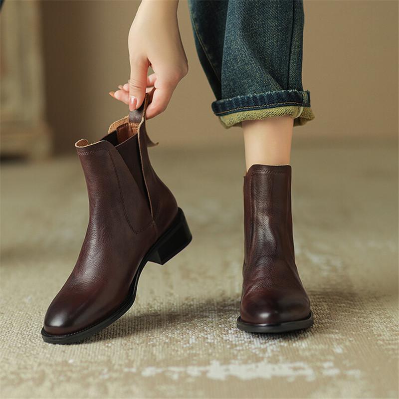 Modă Piele Naturală Cizme Scurte Toamnă/Iarnă Pantofi Femei Vârf Rotund Toc Gros Cizme pentru Femei Modă Retro Cizme Glezna Lucrate Manual