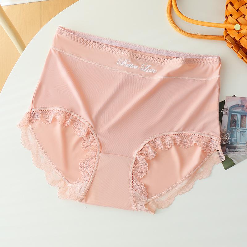 Ladies Summer Light and Thin Pure Lace No Trace Ice Silk Pure Cotton Crotch Breathable High Waist Close Belly Flat Angle Briefs