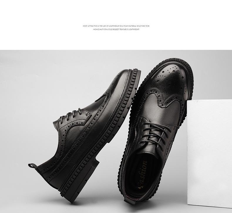Brogue Men's Autumn Casual Leather Shoes, Thick Sole Work Shoes, Black