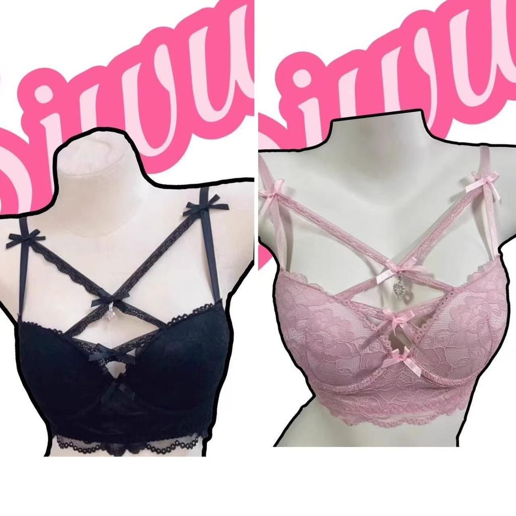 Teen Sexy Pure Lust Lace Small Chest Underwear Bra Show Big Cross Soft Steel Ring Bra Cover Set Gather