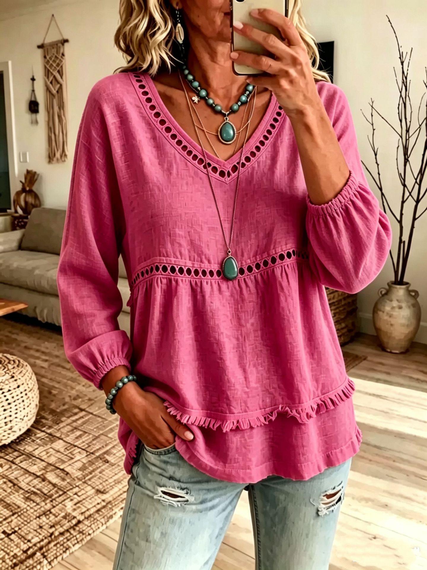 Women s Casual Color Long Sleeve Comfortable Loose Fit Top for Everyday Wear L