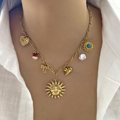 Stainless Steel Sun Star Chain Pendant Neck Shell Small Fish Pearl Stainless Steel Collarbone Chain