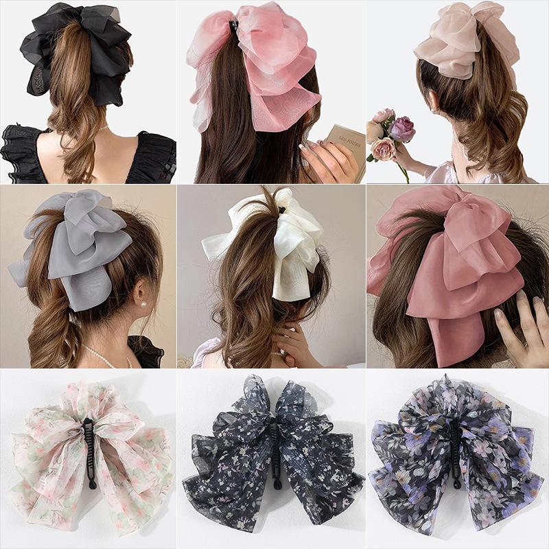 Grampo de Cabelo com Laço de Gaze Feminino 2025, Prendedor de Cabelo para Penteados/Rabo de Cavalo, Presilha de Garra para Uso Diário e Passeios