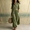 Women's Casual Two Piece Set Color Lapel Collar Button Front Half Sleeve Top and Wide Leg Pants