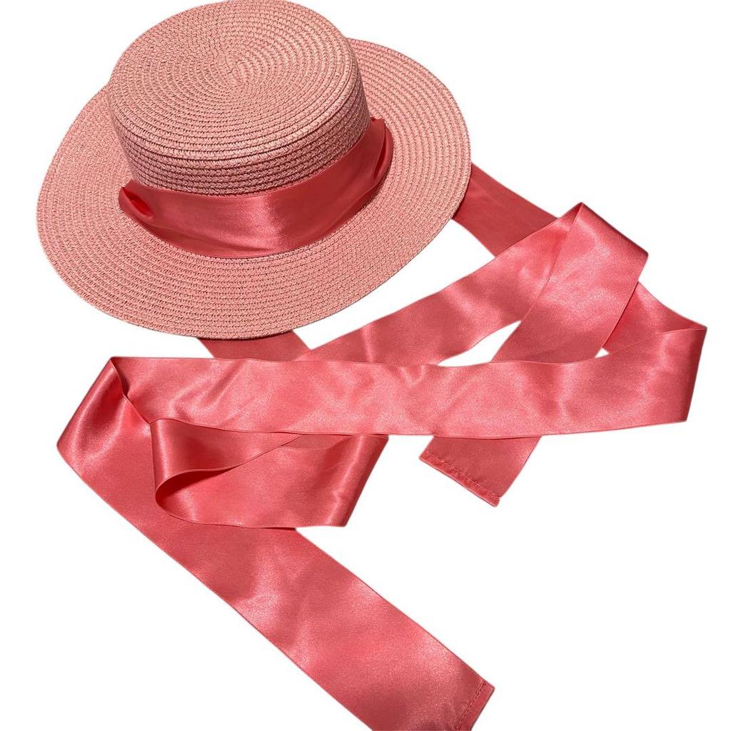 [USED] Excellent Condition Big Bang Fiberglass Straw Hat with Pink Ribbon, Perfect for Summer, Made In Japan