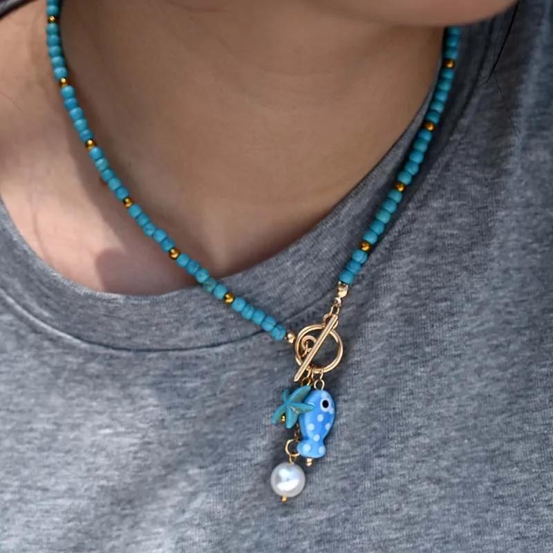 

Модные керамические подвески в виде рыбок, ожерелья для женщин и девушек, богемные красочные ожерелья из бисера с OT-застежкой, ювелирные аксессуары синий