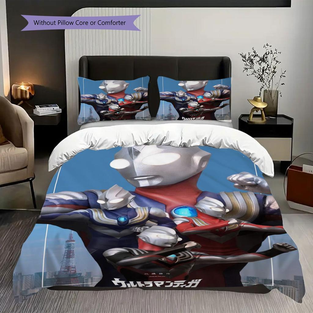 Three-piece cartoon Ultraman Tiga printed bedding set,(1*Duvet Cover + 2*Pillowcase, Without Core) suitable for bedroom use.