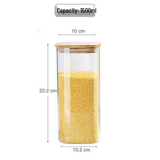 Square Glass Kitchen Storage Jar with Lid, Moisture-Proof Tea and Grain Container, Transparent