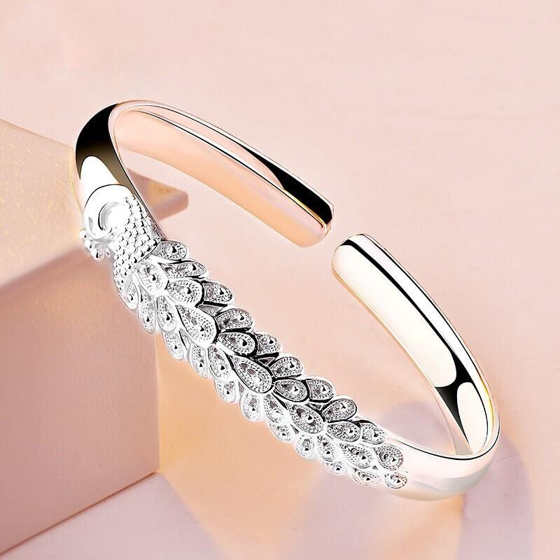 Pulsera elegante de Plata de Ley 925 con pantalla de apertura de pavo real, brazaletes para mujer, accesorios de moda para fiesta y boda, regalo de joyería