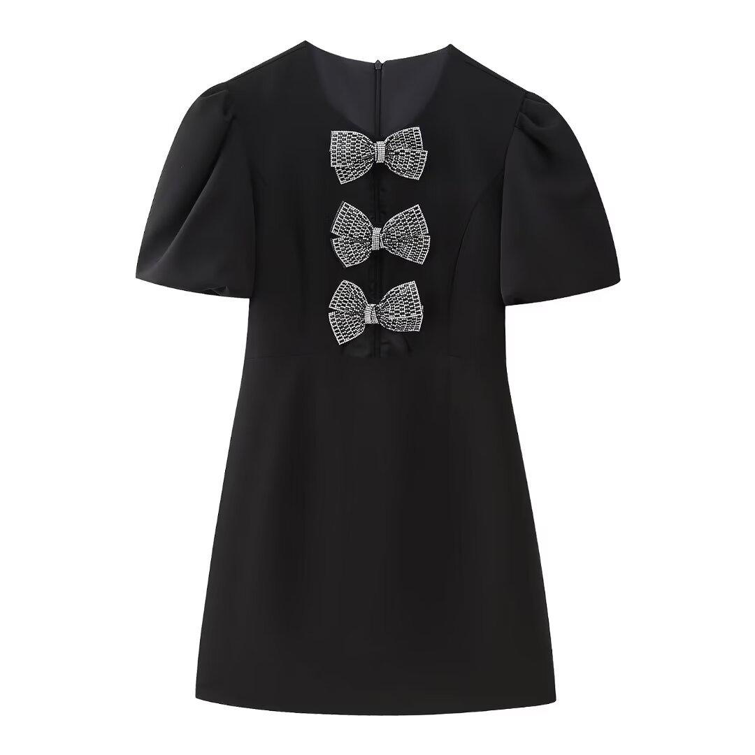 2024 Women s European & American Puff Sleeve Bowknot Short Dress Medium чёрный