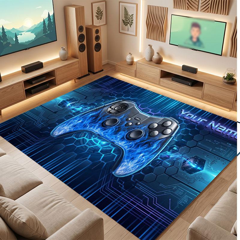 Game Controller Theme Crystal Velvet Floor Rug Personalized Custom Name Text Warm Carpet Home Decoration