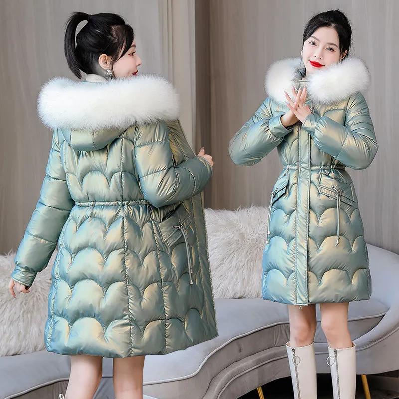 Winter Women Waist Cinching and Slimming Cotton Coat Thickened Padded Faux Fur Hood Outerwear Smooth Slim Fit Windproof Mid Length Hooded Down Coat