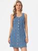 Denim Mini Jeans Dress with Light Size S [Allegra K] Women's Dress, Button-Down, U-Neck, Sleeveless, Collarless, Pockets, Blue,