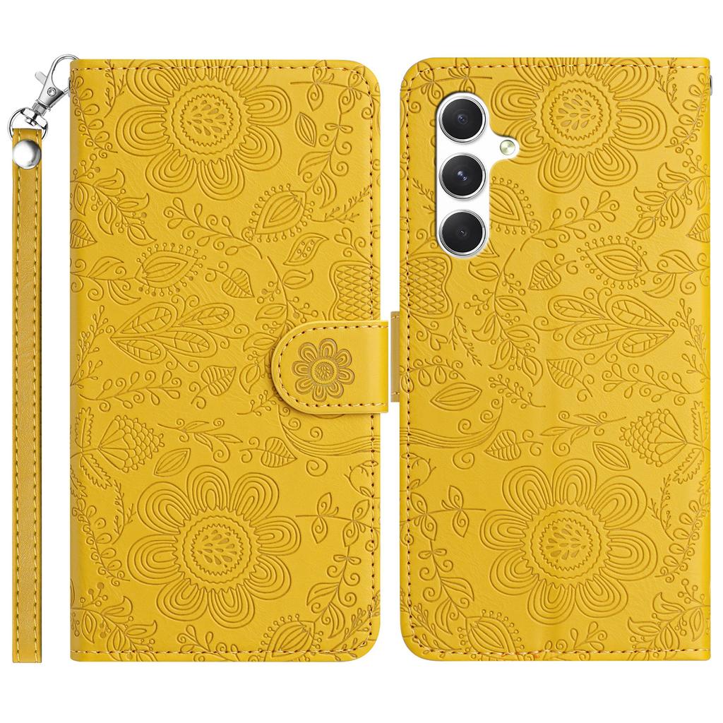 For Samsung Galaxy S25+ Case Flower Imprint Leather Flip Wallet Phone Cover with Wrist Strap