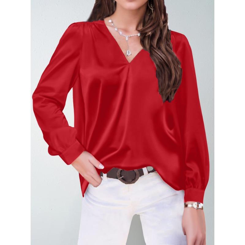 Plus Size Women's Pleated Long Sleeve V Neck Casual Loose Commuter Top