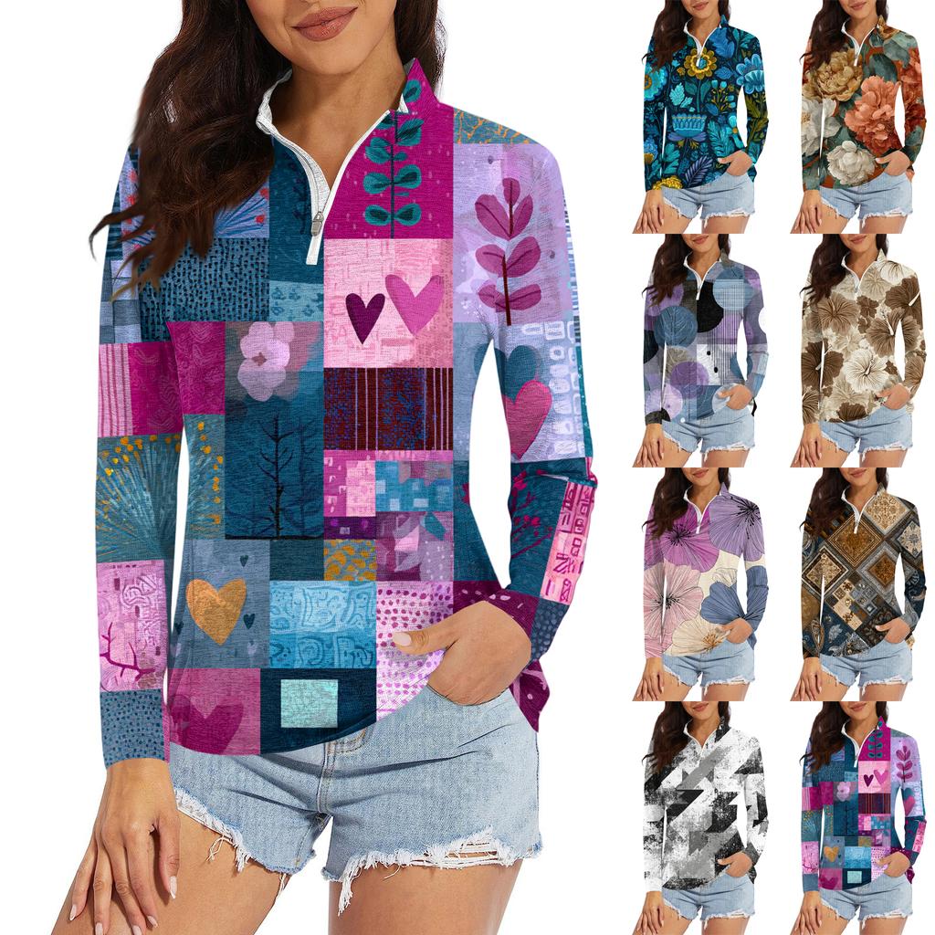 Women's Casual Fashion Retro Floral Print Long Sleeve Zipper Neck Top T-shirt