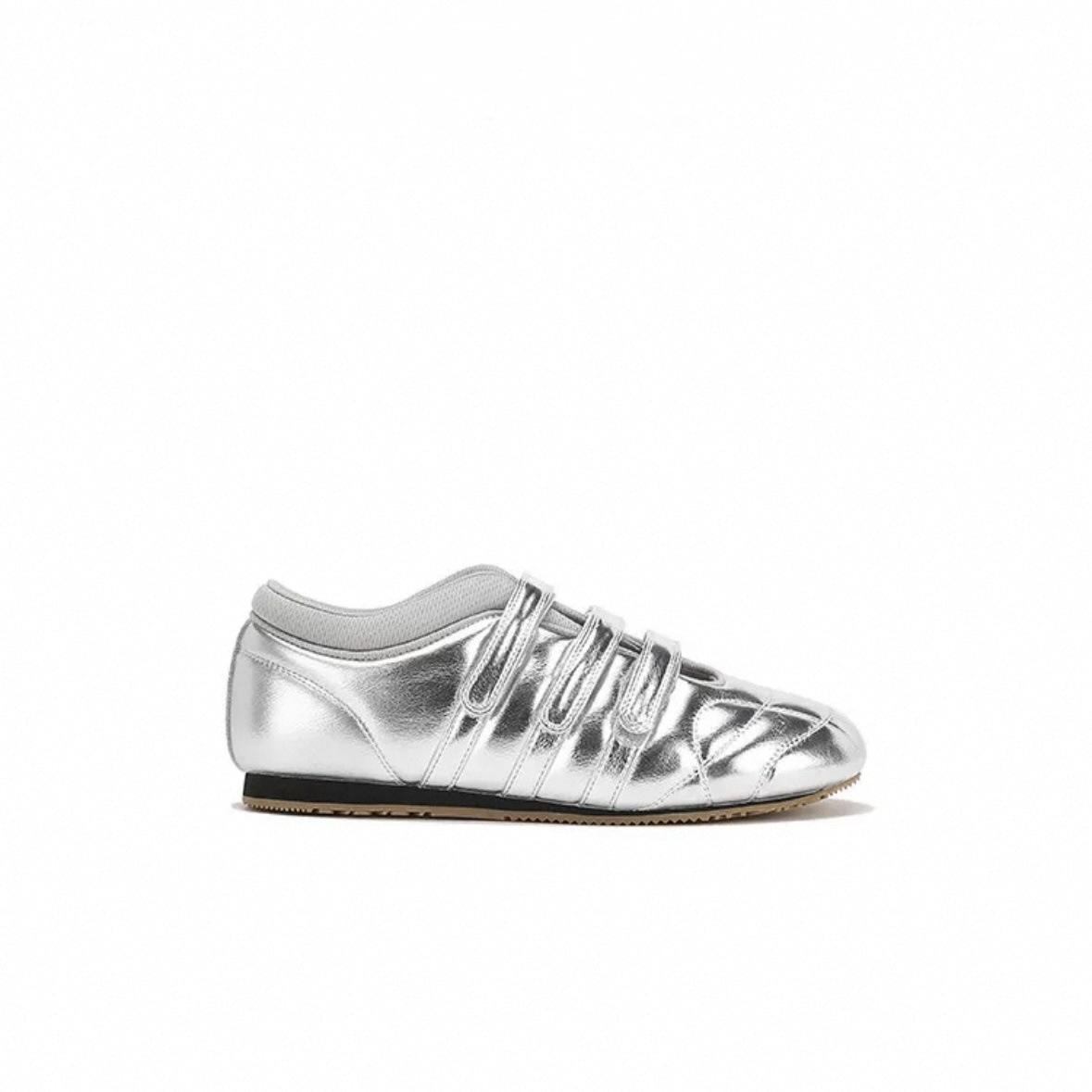 

Весна 2025 года, новые модные туфли Мэри Джейн с плоской подошвой, три липучки, повседневные функциональные туфли для боулинга для женщин 34 серебряный