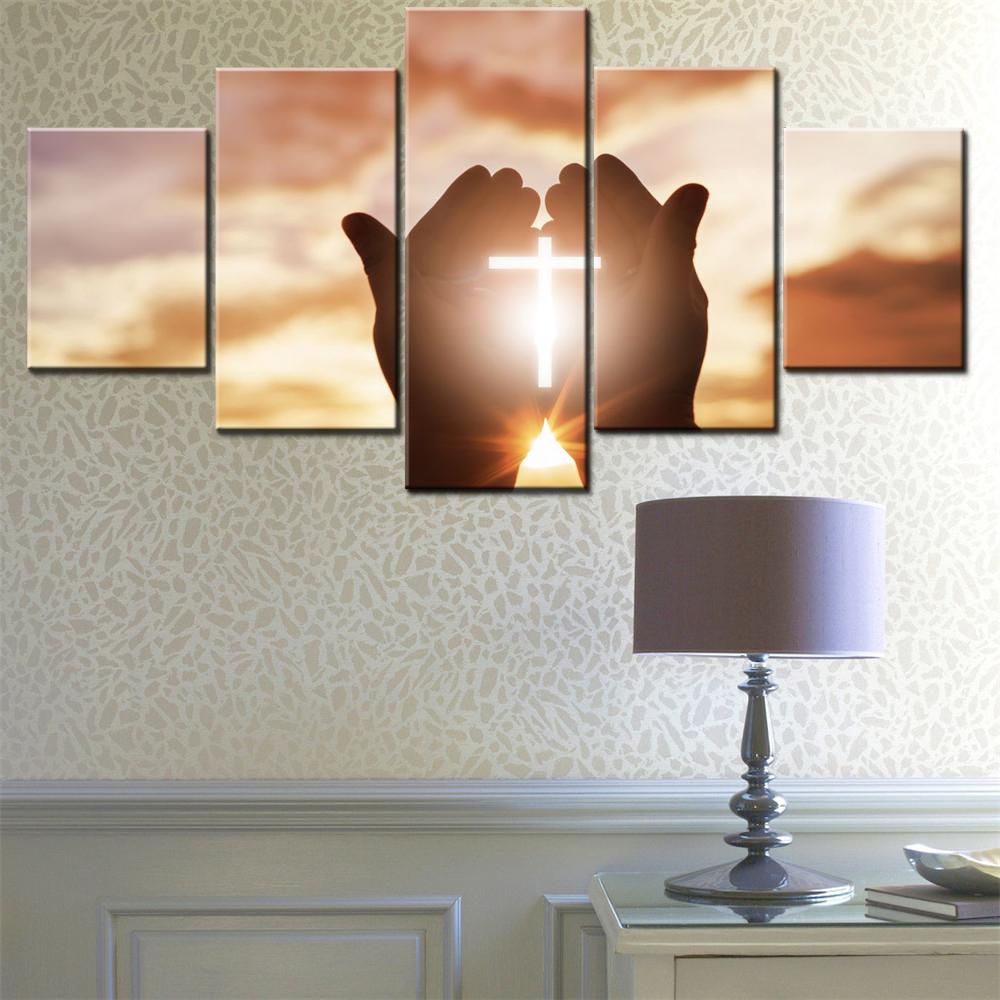 

5 Pieces Canvas Wall Arts Poster Painting Photography Christian Cross Sunlight Wallpaper Home Decor Picture Printing Interior 20X35 20X45 20X55CN