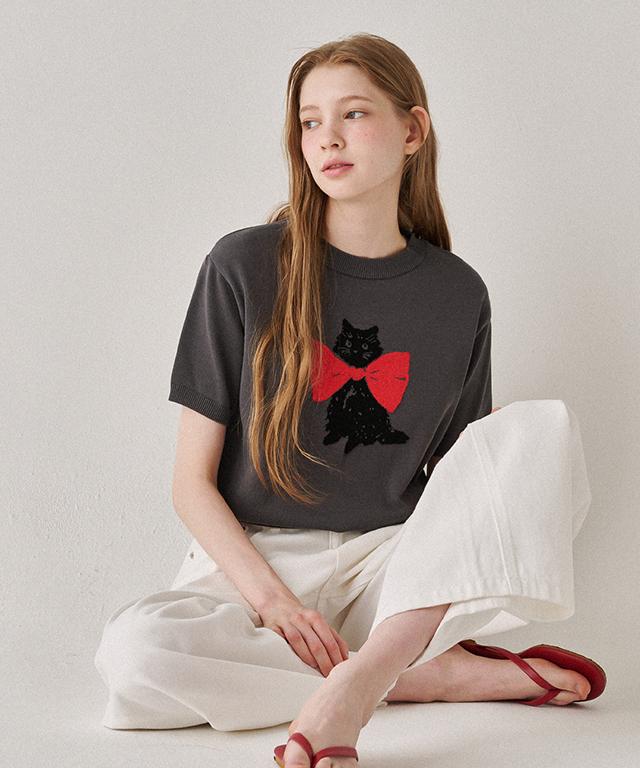 RONRON Ribbon Cats Short Sleeve Knit Charcoal