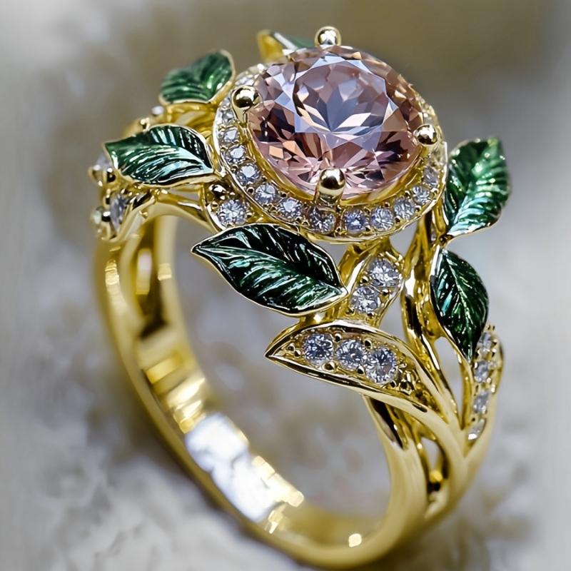 Luxurious Sparkling Round Set with Zircon Leaf Rings, Bridal Engagement Jewelry, Banquet Party Accessories Gifts