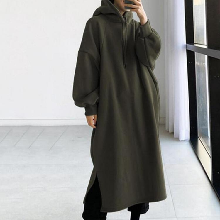 Felpa con cappuccio oversize ispessita da donna alla moda, abito lungo a maniche lunghe a tinta unita, abbigliamento autunno-inverno