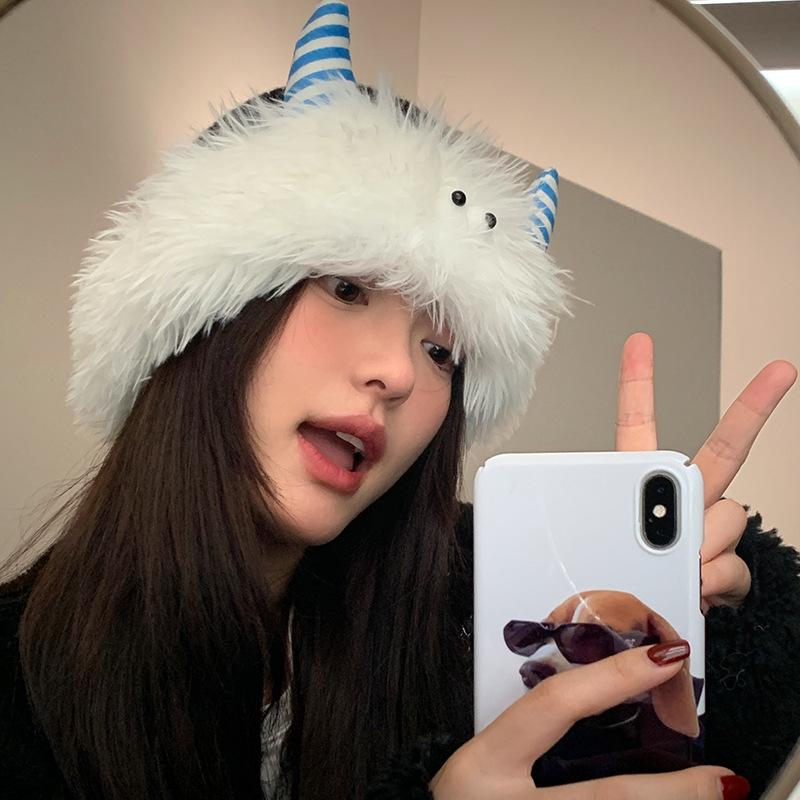

Autumn and winter cute funny plush knitted hat children winter warm ear protection wool hat ear protection washbasin hat One size
