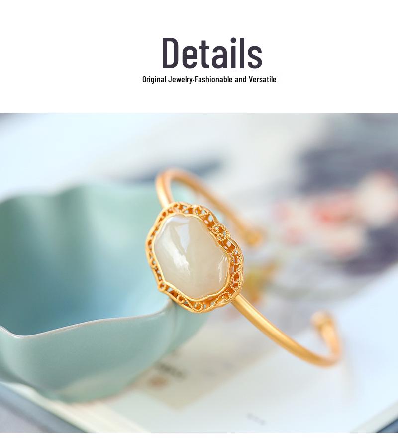 Imitation Hetian Jade Openwork Lace Geometric Bracelet - Retro White Ruyi Lock Fortune Bangle
