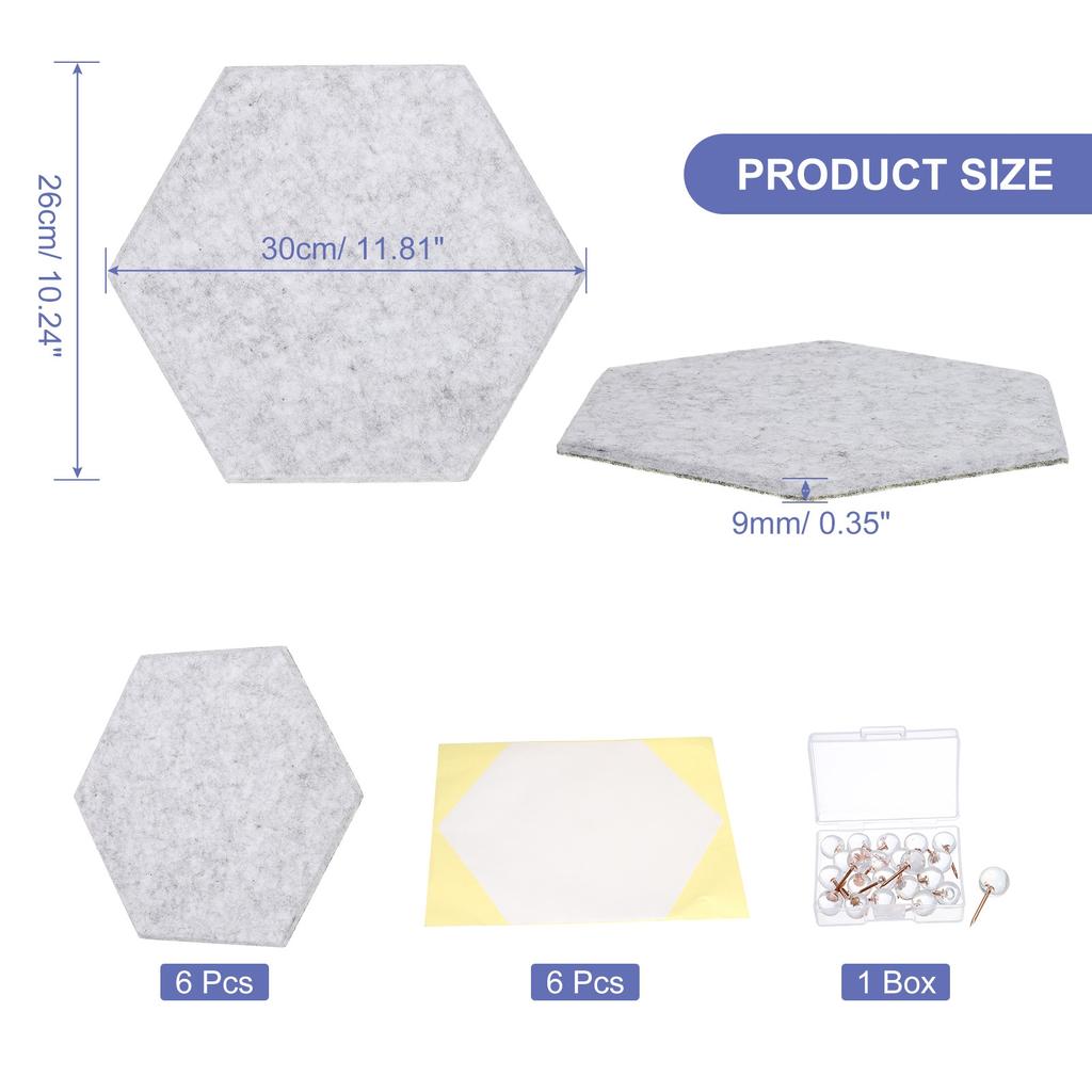 6Pc 12"x10" Felt Bulletin Board Self Adhesive Hexagon Felt Tiles for Sound Proofing Wall Panels for Home Office Recording Studio