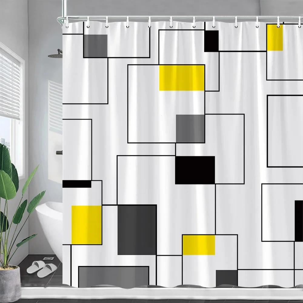 Creative Geometric Shower Curtains Blue Red Yellow White Splicing Black Lines Modern Minimalist Cloth Curtain Bathroom Decor Set
