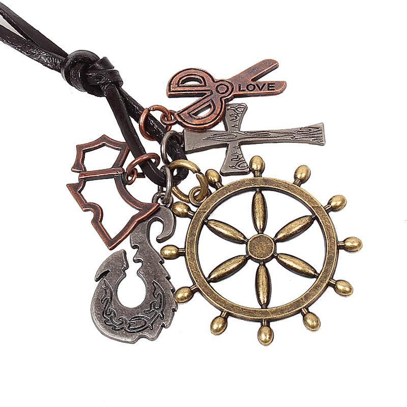 JMXD Vintage Leather Rope Ship Wheel Pendant Necklace Long Sweater Chain Men Women Nautical Jewelry Trendy Gift Fashion Accessories