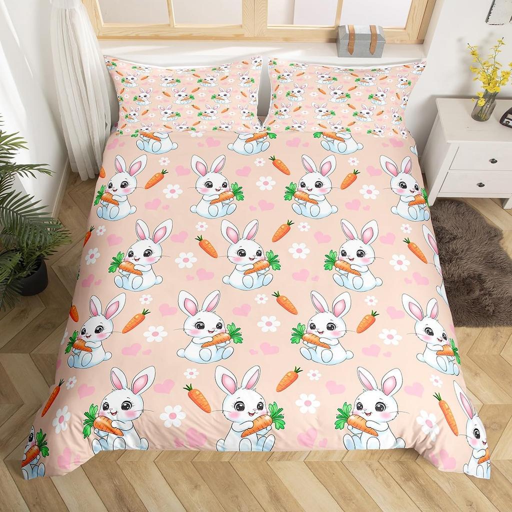 Kawaii Pet Rabbit Duvet Cover Set Full King Spring Botanical Leaves Bedding Set Easter Bunnies Couple Bowknot Print Quilt Cover