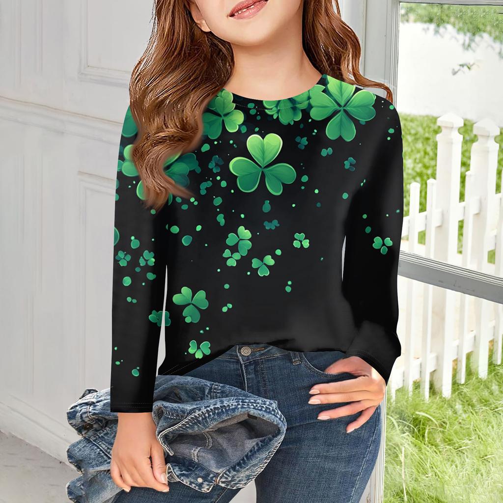 Flickor Långärmade T-shirts Barn Hösttoppar Rundhals Tryckta Bas T-shirts Saint Patrick's Day
