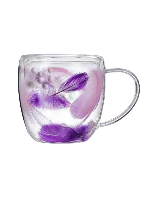 Dvoustěnný skleněný hrnek na kávu 250/350 ml péřový designový hrnek s rukojetí Izolovaný pohodlný úchop proti opaření