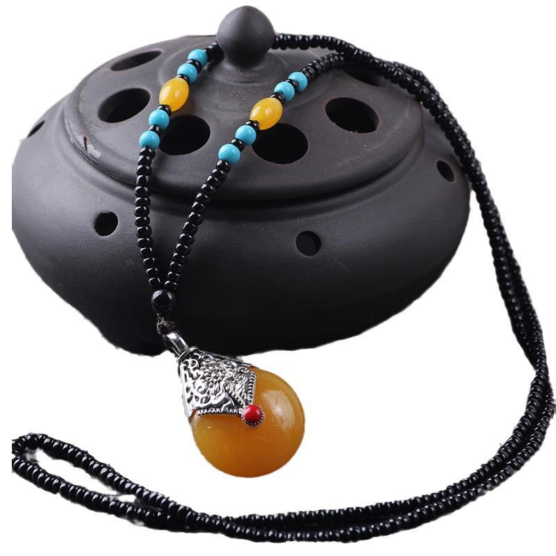 Ethnic Beaded Sweater Chain with Amber Pendant - Bingbing Style Necklace